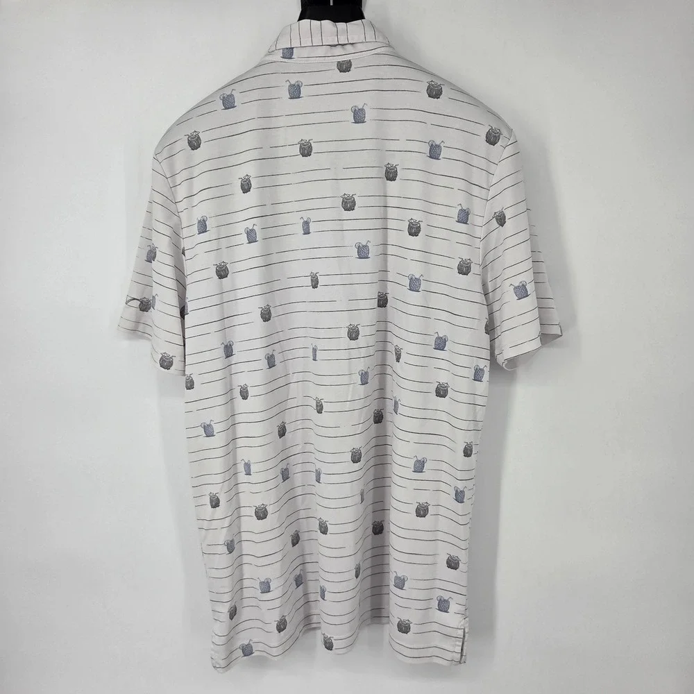 Travis Mathew Polo Shirt Mens XL White‎ Golf Cocktail Print Striped Short Sleeve